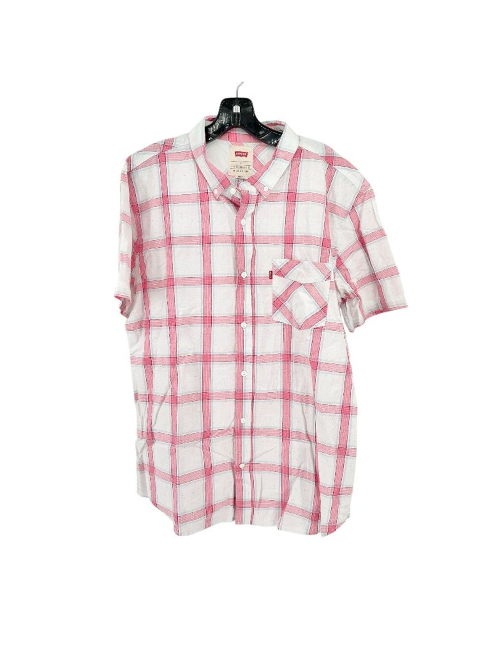 Levis Short Sleeve Shirt Mens L Red and White Plaid Cotton Casual Button Up